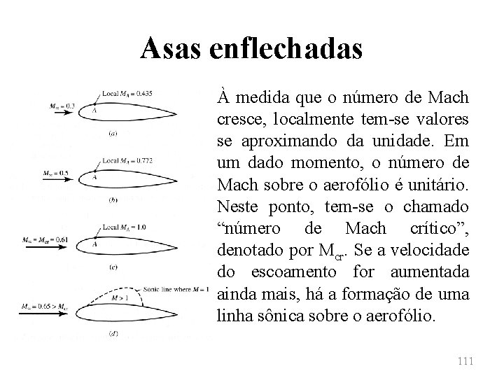 Asas enflechadas • À medida que o número de Mach cresce, localmente tem-se valores