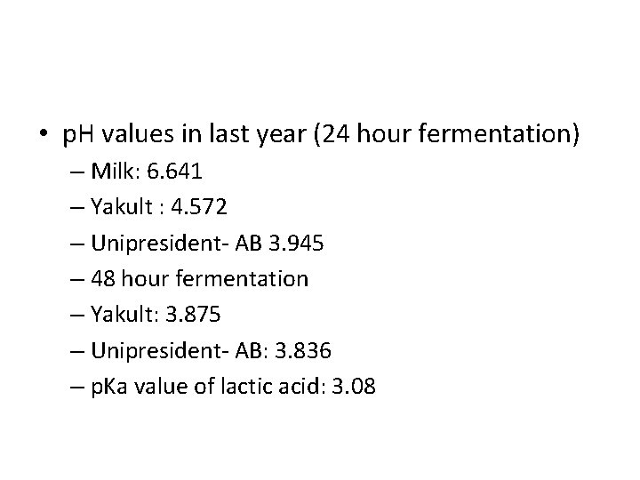 • p. H values in last year (24 hour fermentation) – Milk: 6.