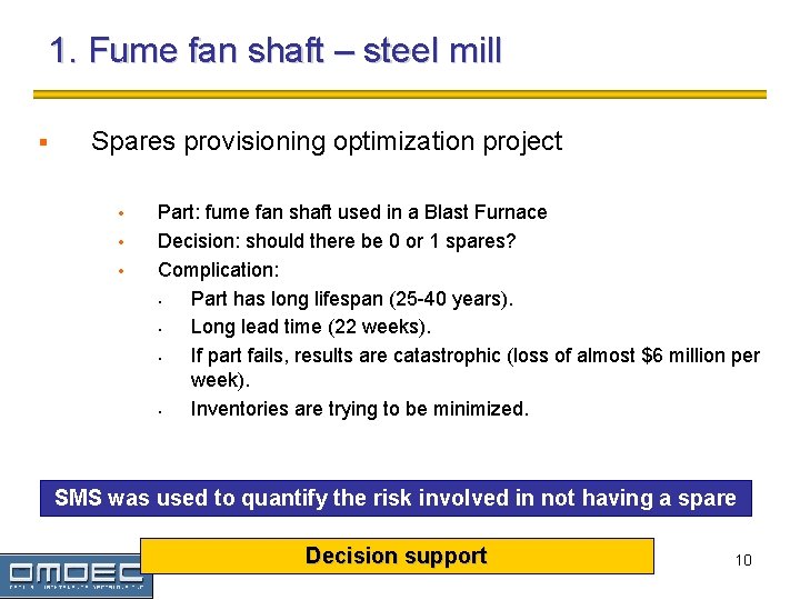 1. Fume fan shaft – steel mill § Spares provisioning optimization project • •