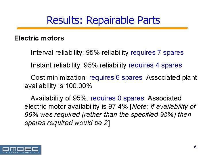 Results: Repairable Parts Electric motors • Interval reliability: 95% reliability requires 7 spares •