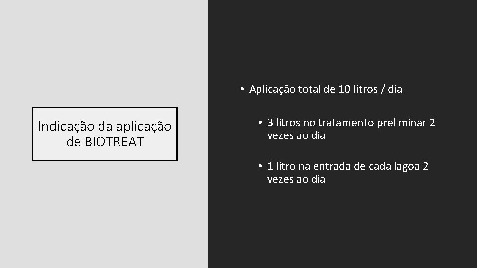  • Aplicação total de 10 litros / dia Indicação da aplicação de BIOTREAT