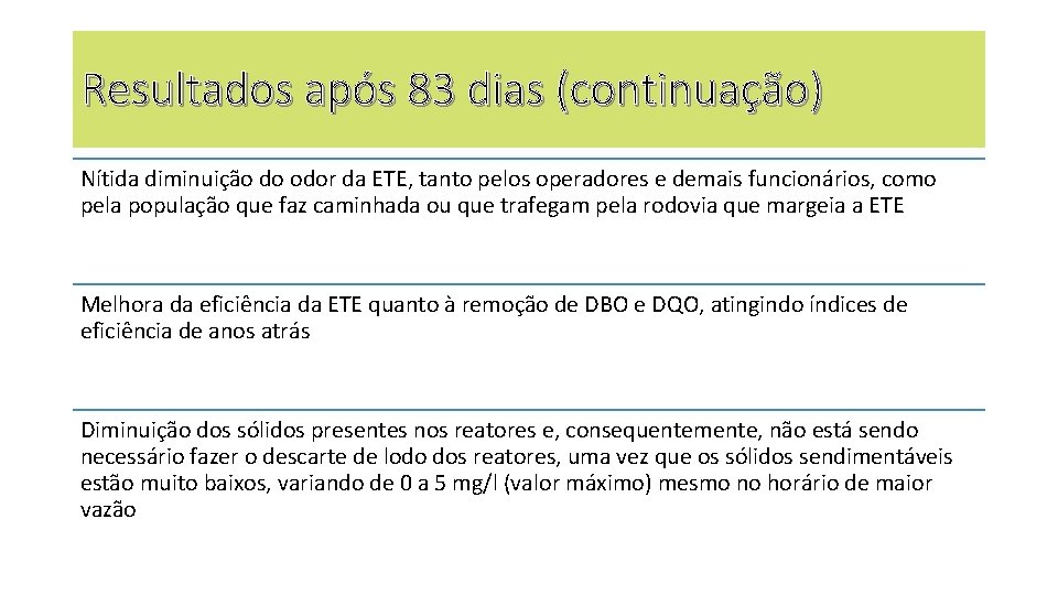 Resultados após 83 dias (continuação) Nítida diminuição do odor da ETE, tanto pelos operadores