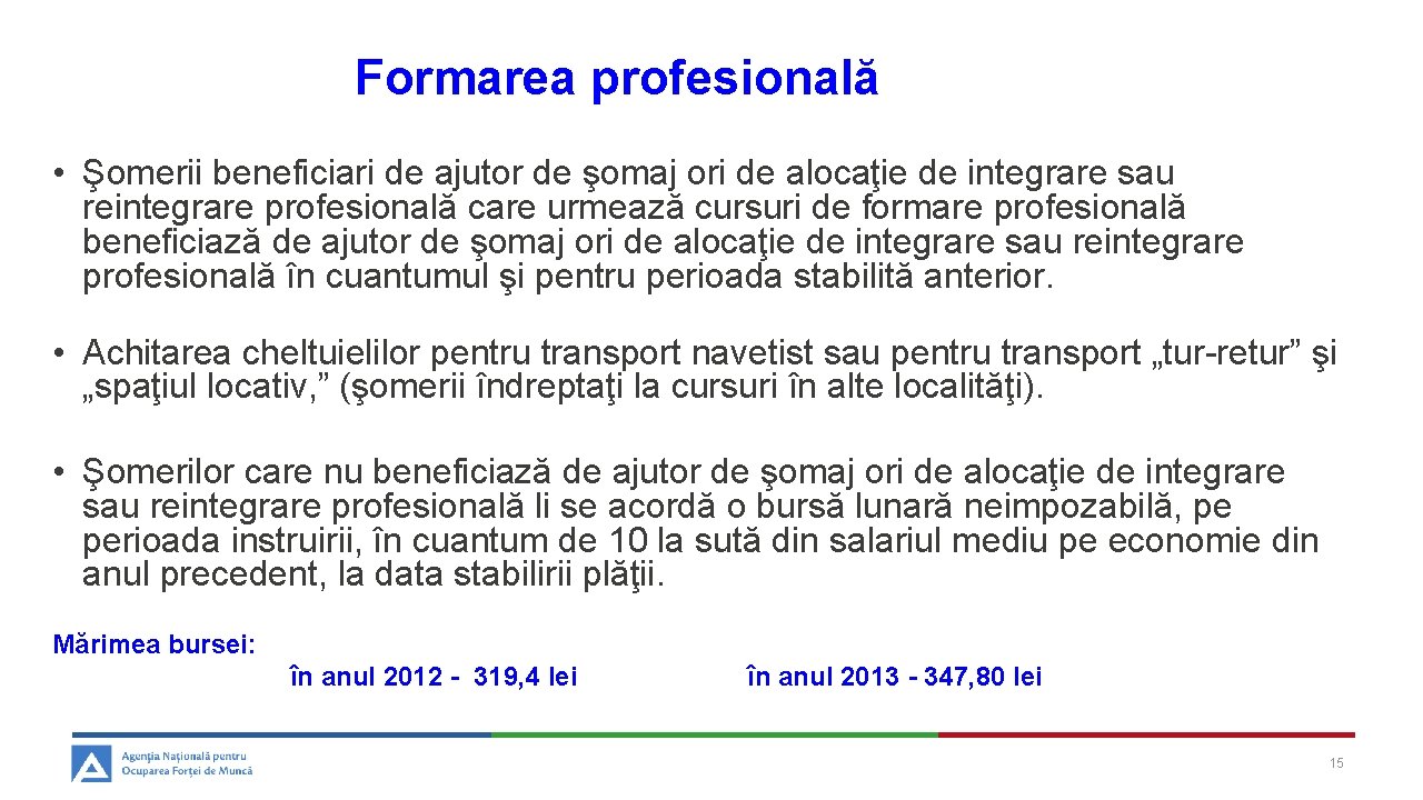 Formarea profesională • Şomerii beneficiari de ajutor de şomaj ori de alocaţie de integrare Formarea profesională • Şomerii beneficiari de ajutor de şomaj ori de alocaţie de integrare