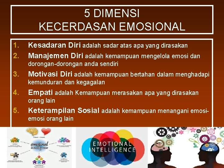 5 DIMENSI KECERDASAN EMOSIONAL 1. 2. Kesadaran Diri adalah sadar atas apa yang dirasakan