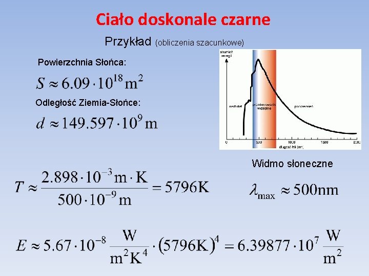 Ciało doskonale czarne Przykład (obliczenia szacunkowe) Powierzchnia Słońca: Odległość Ziemia-Słońce: Widmo słoneczne 