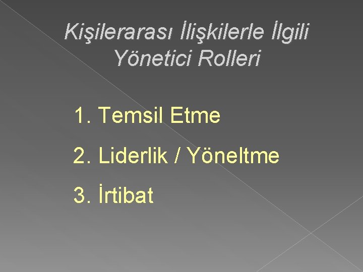 Kişilerarası İlişkilerle İlgili Yönetici Rolleri 1. Temsil Etme 2. Liderlik / Yöneltme 3. İrtibat