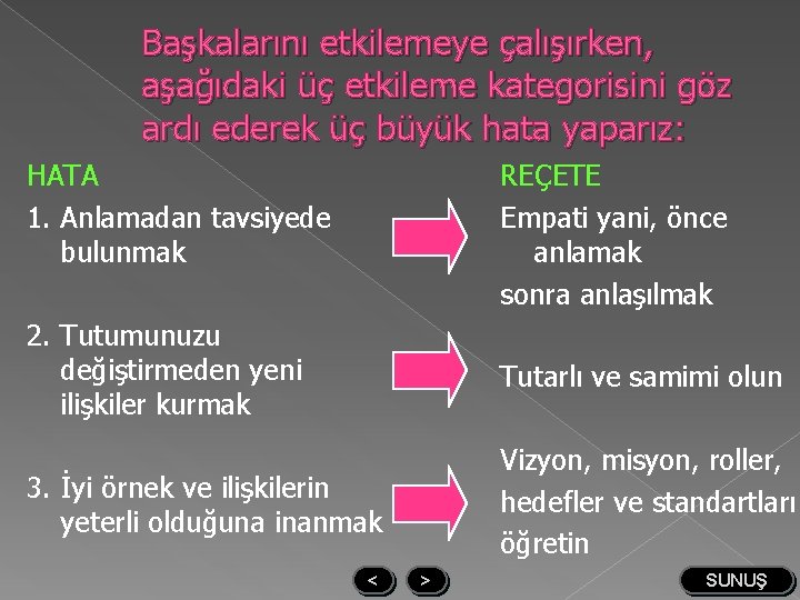 Başkalarını etkilemeye çalışırken, aşağıdaki üç etkileme kategorisini göz ardı ederek üç büyük hata yaparız: