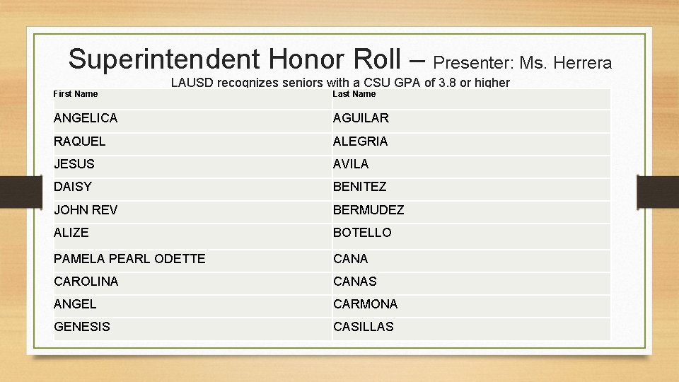 Superintendent Honor Roll – Presenter: Ms. Herrera First Name LAUSD recognizes seniors with a