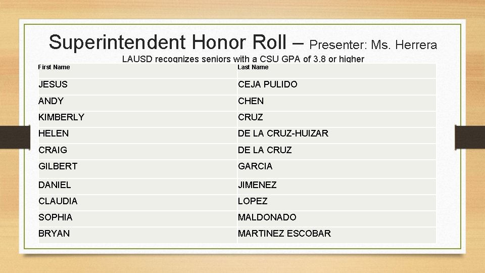 Superintendent Honor Roll – Presenter: Ms. Herrera First Name LAUSD recognizes seniors with a