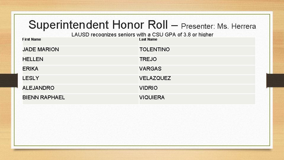 Superintendent Honor Roll – Presenter: Ms. Herrera First Name LAUSD recognizes seniors with a