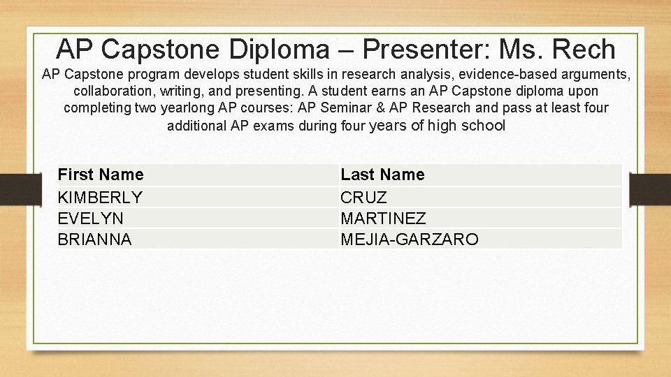 AP Capstone Diploma – Presenter: Ms. Rech AP Capstone program develops student skills in