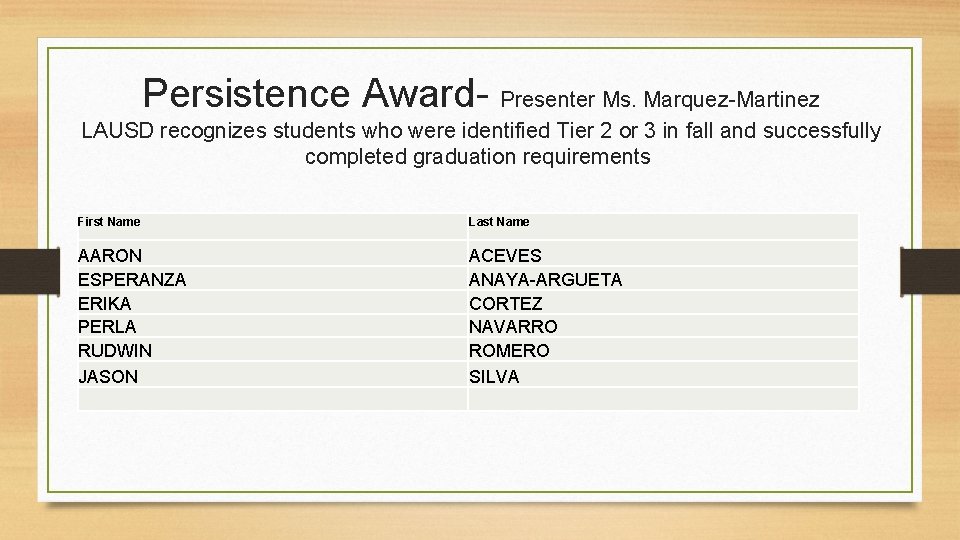 Persistence Award- Presenter Ms. Marquez-Martinez LAUSD recognizes students who were identified Tier 2 or