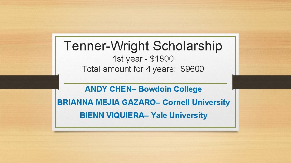 Tenner-Wright Scholarship 1 st year - $1800 Total amount for 4 years: $9600 ANDY