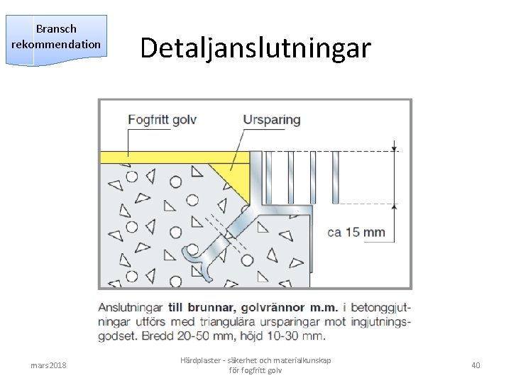 Bransch rekommendation mars 2018 Detaljanslutningar Härdplaster - säkerhet och materialkunskap för fogfritt golv 40