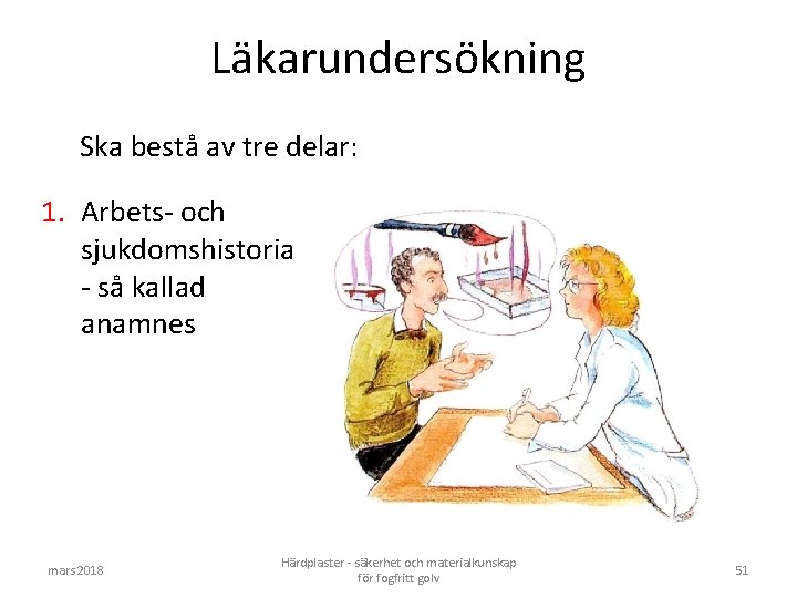 Läkarundersökning Ska bestå av tre delar: 1. Arbets- och sjukdomshistoria - så kallad anamnes