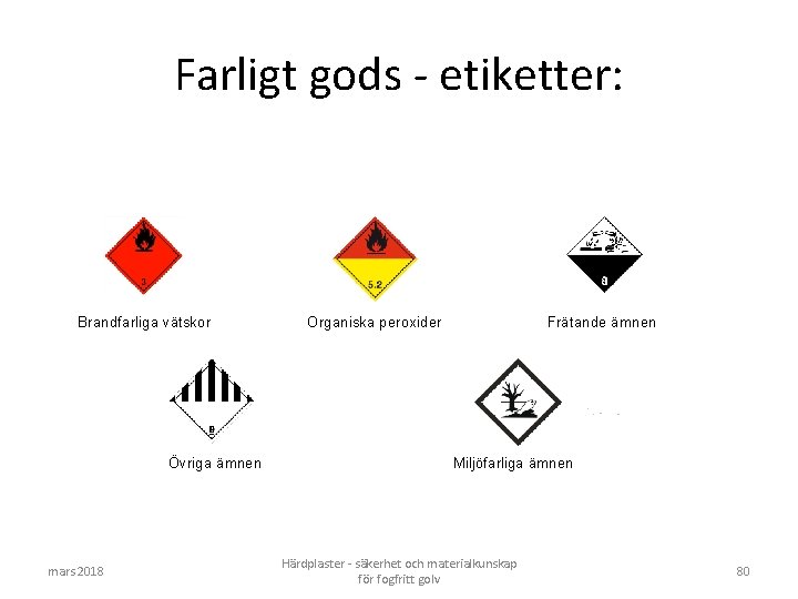 Farligt gods - etiketter: Brandfarliga vätskor Övriga ämnen mars 2018 Organiska peroxider Frätande ämnen