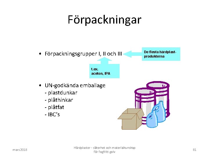 Förpackningar • Förpackningsgrupper I, II och III De flesta härdplastprodukterna t. ex. aceton, IPA