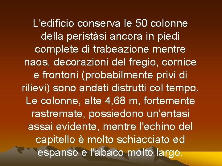 L'edificio conserva le 50 colonne della peristàsi ancora in piedi complete di trabeazione mentre