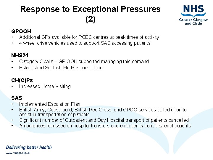 Response to Exceptional Pressures (2) GPOOH • • Additional GPs available for PCEC centres