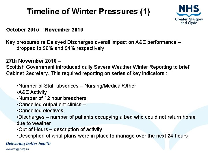 Timeline of Winter Pressures (1) October 2010 – November 2010 Key pressures re Delayed