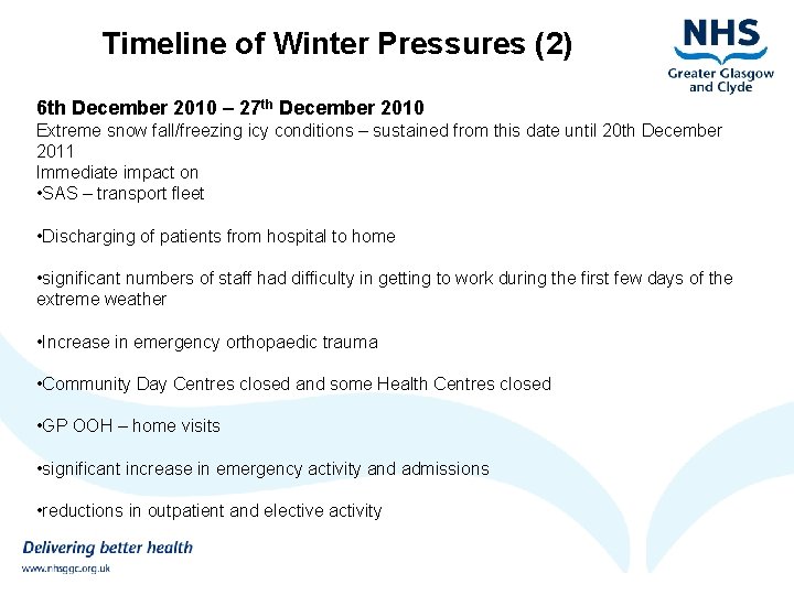 Timeline of Winter Pressures (2) 6 th December 2010 – 27 th December 2010