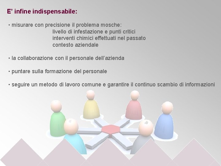 E’ infine indispensabile: • misurare con precisione il problema mosche: livello di infestazione e