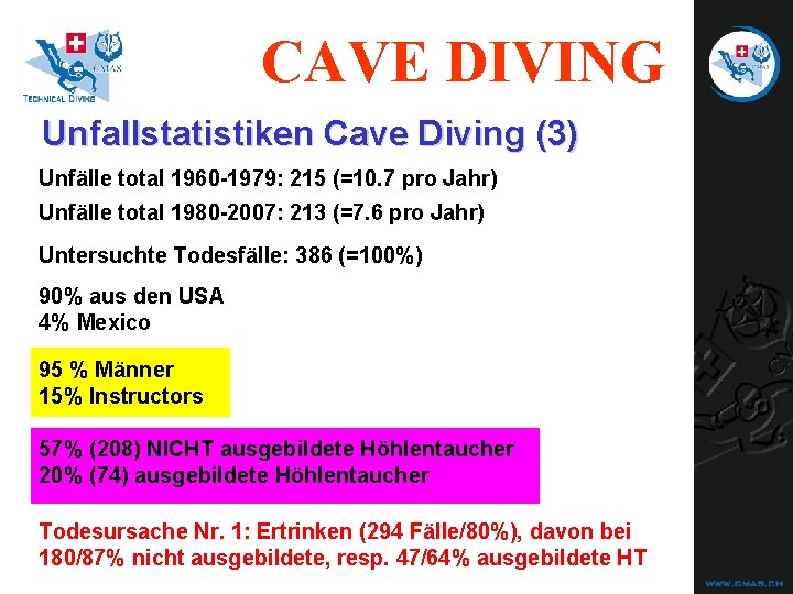CAVE DIVING Unfallstatistiken Cave Diving (3) Unfälle total 1960 -1979: 215 (=10. 7 pro CAVE DIVING Unfallstatistiken Cave Diving (3) Unfälle total 1960 -1979: 215 (=10. 7 pro