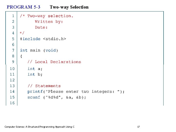 PROGRAM 5 -3 Two-way Selection Computer Science: A Structured Programming Approach Using C 17