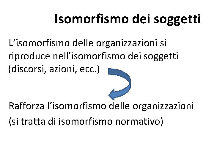 Isomorfismo dei soggetti L’isomorfismo delle organizzazioni si riproduce nell’isomorfismo dei soggetti (discorsi, azioni, ecc.