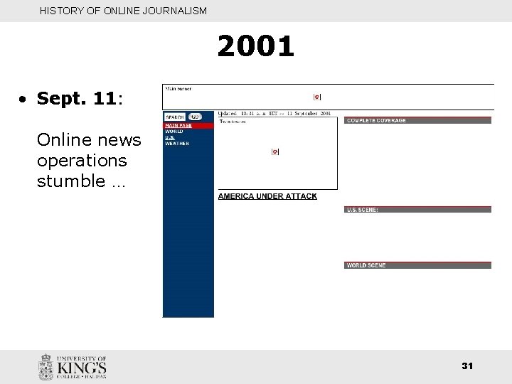 HISTORY OF ONLINE JOURNALISM 2001 • Sept. 11: Online news operations stumble … 31