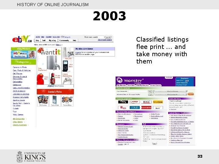 HISTORY OF ONLINE JOURNALISM 2003 Classified listings flee print. . . and take money