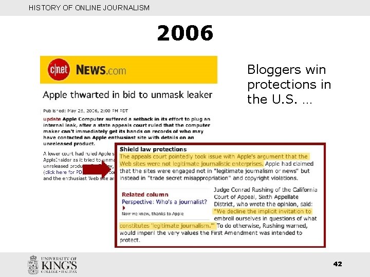 HISTORY OF ONLINE JOURNALISM 2006 Katrina Bloggers win protections in the U. S. …