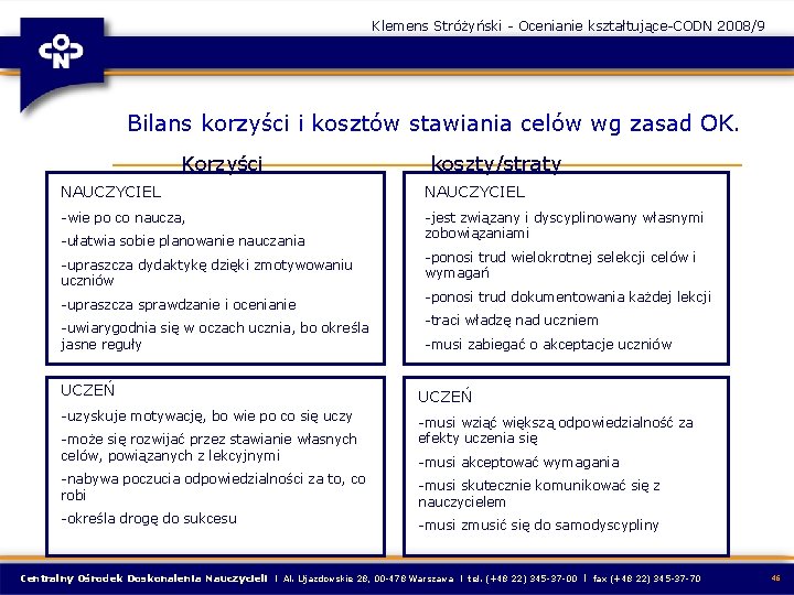 Klemens Stróżyński - Ocenianie kształtujące-CODN 2008/9 Bilans korzyści i kosztów stawiania celów wg zasad