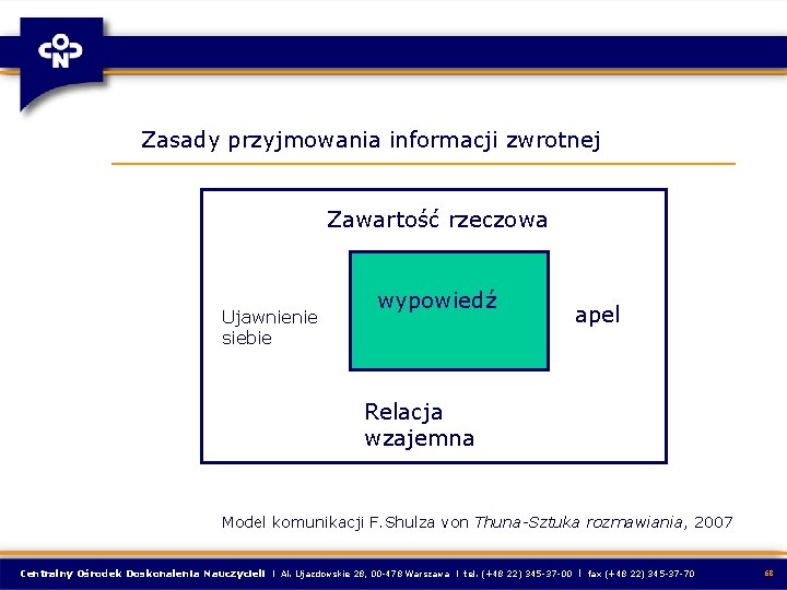 Zasady przyjmowania informacji zwrotnej Zawartość rzeczowa Ujawnienie siebie wypowiedź apel Relacja wzajemna Model komunikacji Zasady przyjmowania informacji zwrotnej Zawartość rzeczowa Ujawnienie siebie wypowiedź apel Relacja wzajemna Model komunikacji
