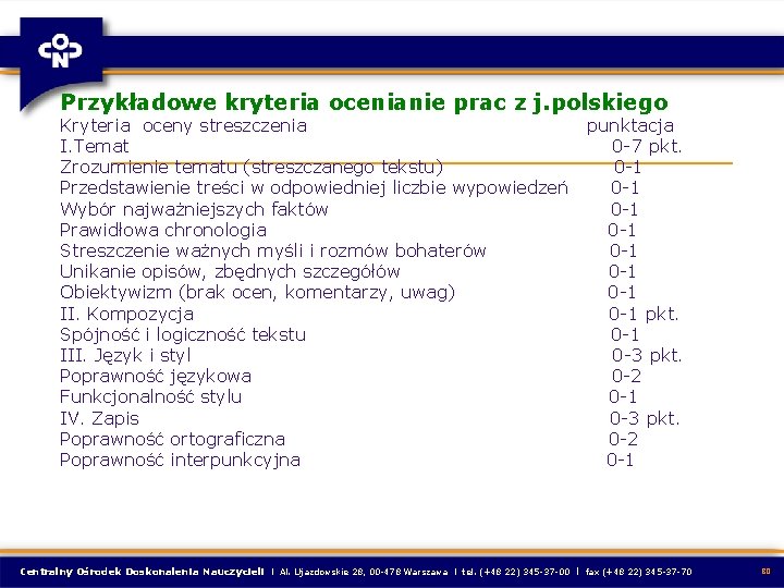 Przykładowe kryteria ocenianie prac z j. polskiego Kryteria oceny streszczenia punktacja I. Temat 0