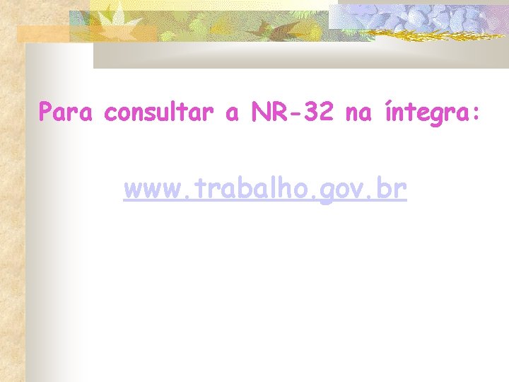 Para consultar a NR-32 na íntegra: www. trabalho. gov. br Para consultar a NR-32 na íntegra: www. trabalho. gov. br
