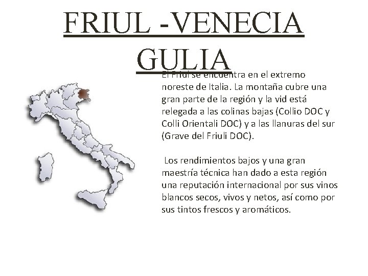 FRIUL -VENECIA GULIA El Friul se encuentra en el extremo noreste de Italia. La