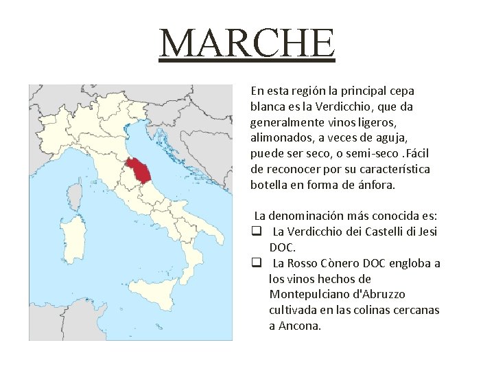 MARCHE En esta región la principal cepa blanca es la Verdicchio, que da generalmente