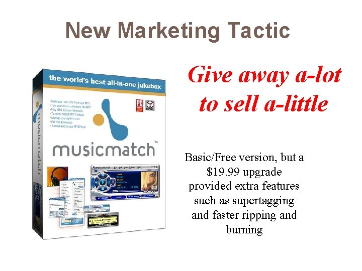 New Marketing Tactic Give away a-lot to sell a-little Basic/Free version, but a $19.