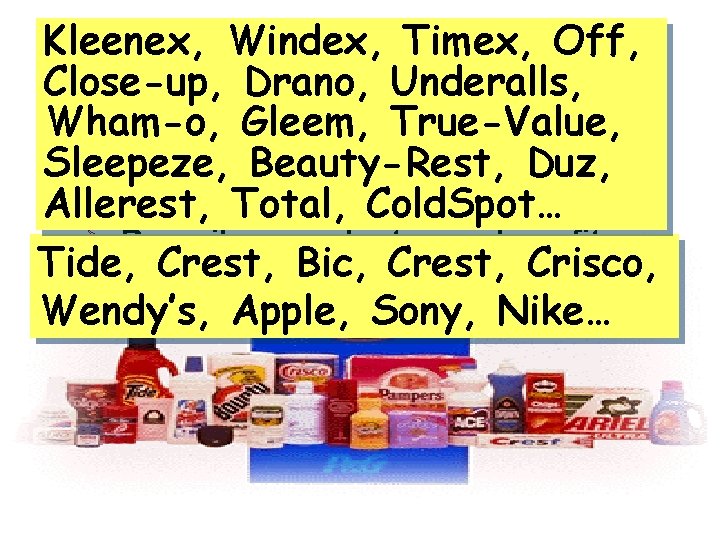 Kleenex, Windex, Timex, An Effective Brand Name … Off, Close-up, Drano, Underalls, Wham-o, True-Value,