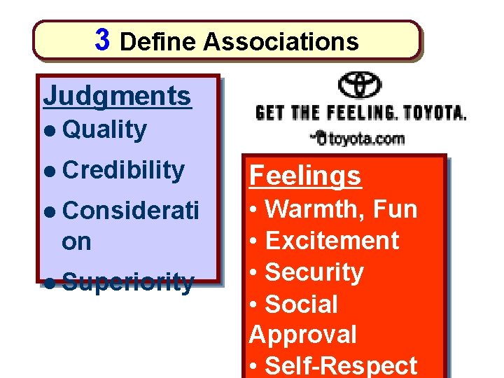 3 Define Associations Judgments l Quality l Credibility Feelings l Considerati • Warmth, Fun
