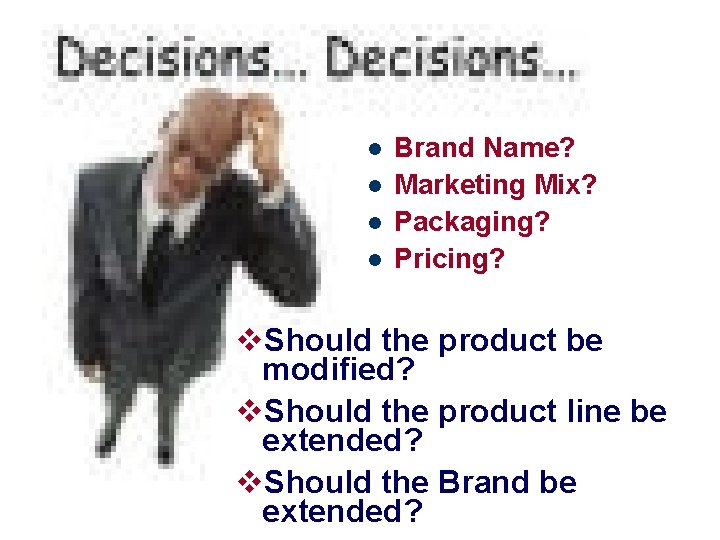 l l Brand Name? Marketing Mix? Packaging? Pricing? v. Should the product be modified?