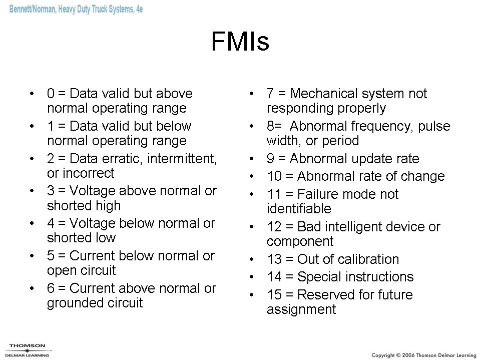 FMIs • 0 = Data valid but above normal operating range • 1 = FMIs • 0 = Data valid but above normal operating range • 1 =