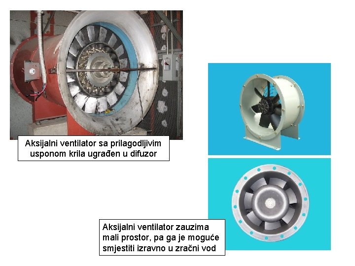 Aksijalni ventilator sa prilagodljivim usponom krila ugrađen u difuzor Aksijalni ventilator zauzima mali prostor,