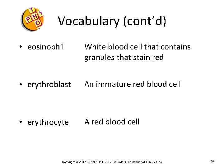 Vocabulary (cont’d) • eosinophil White blood cell that contains granules that stain red •