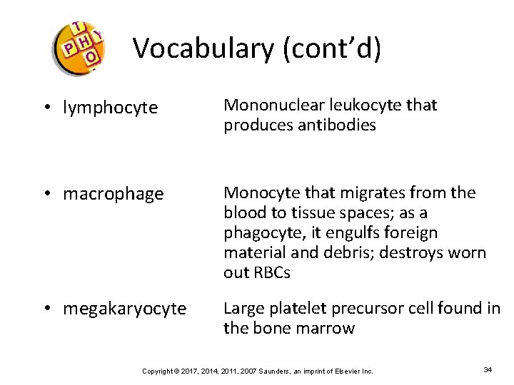 Vocabulary (cont’d) • lymphocyte Mononuclear leukocyte that produces antibodies • macrophage Monocyte that migrates