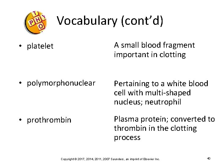Vocabulary (cont’d) • platelet A small blood fragment important in clotting • polymorphonuclear Pertaining