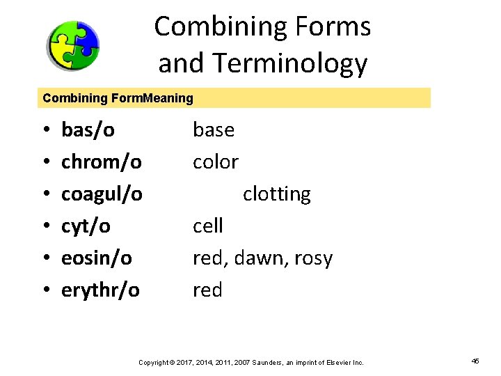 Combining Forms and Terminology Combining Form. Meaning • • • bas/o chrom/o coagul/o cyt/o