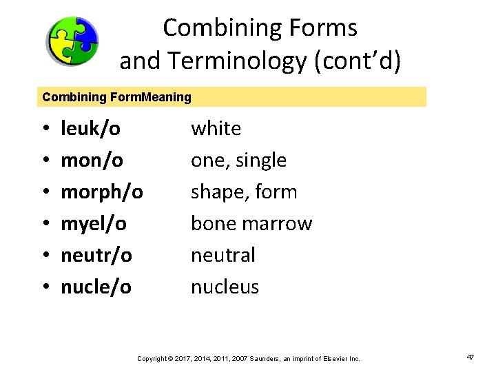 Combining Forms and Terminology (cont’d) Combining Form. Meaning • • • leuk/o mon/o morph/o