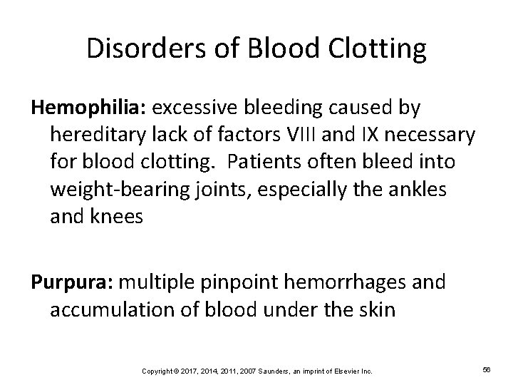 Disorders of Blood Clotting Hemophilia: excessive bleeding caused by hereditary lack of factors VIII